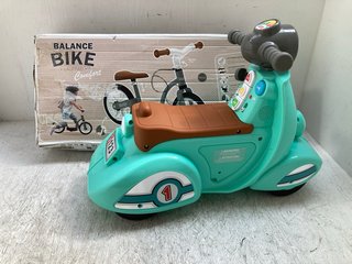 SMOBY CHILDRENS BALANCE BIKE TO INCLUDE FISHER PRICE VESPA RIDE ON BIKE IN LIGHT BLUE: LOCATION - A9