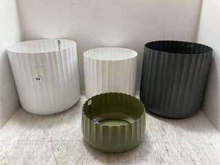 4 X ASSORTED SIZED IVYLINE CORRUGATED PLANTER POTS IN WHITE, GREEN AND GREY: LOCATION - A14