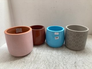 4 X ASSORTED SIZED PLANTER POTS IN VARIOUS COLOURS AND DESIGNS: LOCATION - A15