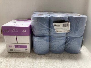 2 X PACKS OF LARGE BLUE HYGIENE ROLLS TO INCLUDE BOX OF REY A4 COPY PAPER: LOCATION - A17