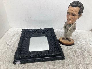 PATTERNED FRAMED MIRROR IN BLACK TO INCLUDE CHARACTER FIGURINE: LOCATION - B5