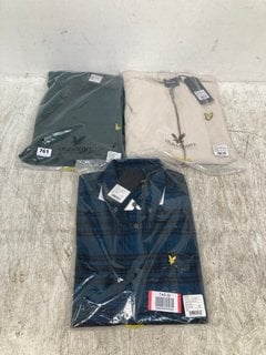 3 X ASSORTED LYLE & SCOTT MENS CLOTHING TO INCLUDE CHECK FLANNEL SHIRT IN APRES NAVY SIZE: S: LOCATION - B1