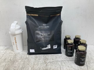 QTY OF ASSORTED HEALTH AND GYM FOOD ITEMS TO INCLUDE PROTEIN WORKS WHEY PROTEIN 360 EXTREME POWDER PACK IN CHOCOLATE COCONUT 2.4KG BB: 11/25: LOCATION - C2