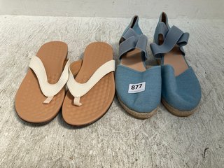 2 X ASSORTED WOMENS CANVAS STRETCH SANDALS AND FLIP FLOPS IN BLUE AND CREAM SIZE: 44 EU AND NOT SIZED: LOCATION - C8