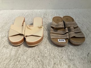 2 X ASSORTED WOMENS WEDGE SLIP ON SANDALS IN LIGHT BROWN SIZE: 38 EU: LOCATION - C8