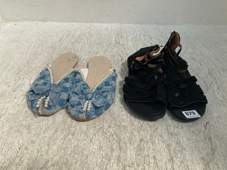 2 X ASSORTED WOMENS PATTERNED SLIP ON AND CROSS STRAP SANDALS IN BLACK AND LIGHT BLUE SIZE:41 EU AND NOT SIZED: LOCATION - C8