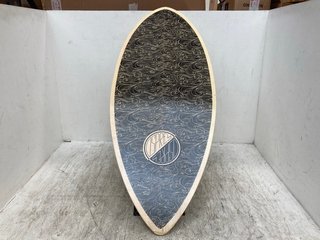 OSPREY WAVE PATTERN WOODEN SURFBOARD IN LIGHT BROWN AND BLACK: LOCATION - C14