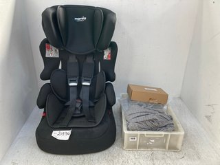 QTY OF ASSORTED ITEMS TO INCLUDE NANIA UNIVERSAL CHILDRENS CAR SEAT IN BLACK: LOCATION - C18