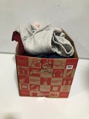 BOX OF ASSORTED ADULT CLOTHING TO INCLUDE PRETTY LITTLE THING JOGGERS GREY SIZE SM