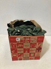 BOX OF ASSORTED ADULTS CLOTHING TO INCLUDE DOROTHY PERKINS WOMEN'S DRESS - DARK OLIVE GREEN UK 20