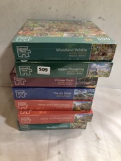 7 X CORNER PIECE ASSORTED PUZZLES TO INCLUDE VINTAGE RACE JIGSAW 500 PIECES PUZZLE