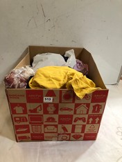 BOX OF ASSORTED ADULTS CLOTHING TO INCLUDE WOMEN'S SHORT DRESS IN MUSTARD YELLOW SIZE XL