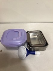 BOX OF ASSORTED ITEMS TO INCLUDE SET OF 3 PLASTIC FOOD CONTAINERS - PURPLE/CLEAR