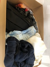 BOX OF ASSORTED ADULTS CLOTHING TO INCLUDE VR2 DENIM MEN'S FLEECE SHORTS IN NAVY - SIZE 4XL