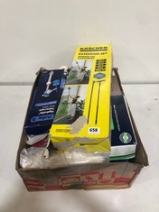 BOX OF ASSORTED ITEMS TO INCLUDE KARCHER EXTENSION SET - WINDOW VAC ACCESSORIES