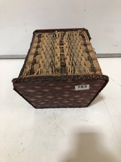 A VINTAGE SEWING BASKET FULL OF CUT GLASS AND CRYSTAL DECANTER STOPPERS