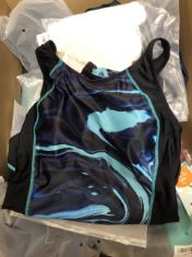 APPROX 30 X ASSORTED SWIM WEAR ITEMS TO INCLUDE ONE PIECE BLUE AND BLACK SWIM SUIT .