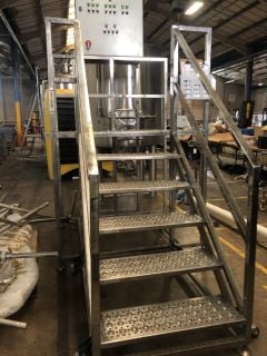 STAINLESS BREWING STAND COMPLETE WITH CONTROL PANEL AND STAINLESS STEEL BREWERY STEPS (APPROX DIMENSIONS: 160CM W X 320CM H X 270CM L)