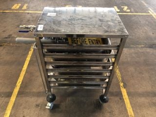 STAINLESS STEEL TROLLEY ON WHEELS TO INCLUDE BREWERY EQUIPMENT GAUGES AND VALVES