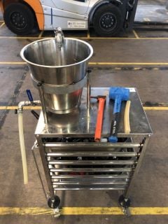STAINLESS STEEL TROLLEY ON WHEELS WITH BUCKET AND SIPHON TO INCLUDE PLASTIC VALVES