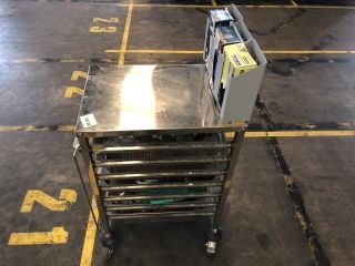 STAINLESS STEEL TROLLEY ON WHEELS TO INCLUDE SAFETY GLOVES AND FITTINGS