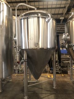 STAINLESS STEEL INSULATED, CONICAL, NON-PRESSURE RATED, 2000L TO BRIM, CARB STONE, RACKING ARM, TEMP SENSOR, PRV, COOLING JACKET, CIP, BEER TANK (APPROX DIMENSIONS: 280CM H X 190CM DIA)