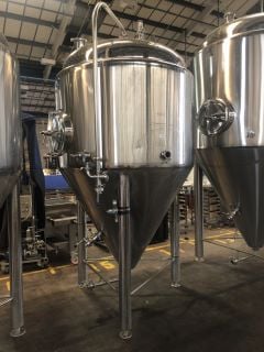 STAINLESS STEEL INSULATED, CONICAL, NON-PRESSURE RATED, 2000L TO BRIM, CARB STONE, RACKING ARM, TEMP SENSOR, PRV, COOLING JACKET, CIP, BEER TANK (APPROX DIMENSIONS: 280CM H X 190CM DIA)