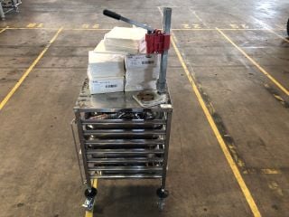 STAINLESS STEEL TROLLEY TO INCLUDE QTY OF BECO STERIL 60 FILTER SHEETS AND ASSOERTED BREWERY ITEMS