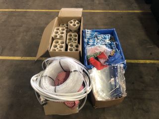 TOOL BOX OF OKTOBERFEST ITEMS AND BOX OF QTY CARDBOARD DRINKS HOLDERS, QTY OF PLASTIC PIPING STRAPS AND RATCHETS  RED PLAID SHIRTS AND PLASTIC FACE SHIELDS, 3X 50L PLASTIC STORAGE BOXES TO INCLUDE QT