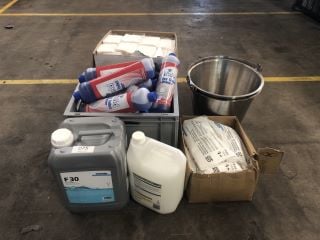 QTY OF CLEANING ITEMS TO INCLUDE TOILET CLEANER, TOILET TISSUE, GLASS WASHING DETERGENT, ANTIBACTERIAL HAND SOAP, REGENERATION SALT TO INCLUDE STAINLESS STEEL BUCKET AND BOX OF STRAPS AND ISOLATER SW