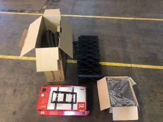 BOX OF ARMAFLEX PIPE INSULATION TO INCLUDE 2X ONE FOR ALL 32-65" UNIVERSAL WALL MOUNTS AND 4X PLASTIC LATICE PIECES, 5X PLASTIC STORAGE CONTAINERS TO INCLUDE 3X METAL FRAME STANDS AND KIMBERLY-CLARK