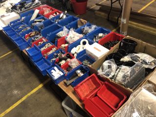 TABLE OF ASSORTED ITEMS TO INCLUDE PIPE CLAMPS, BOLTS, SEALS, CHAIN