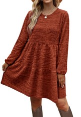 QUANTITY OF ADULT CLOTHES TO INCLUDE AOKOSOR DRESSES FOR WOMEN LONG SLEEVE JUMPER DRESSES LADIES BABYDOLL SWING CASUAL DRESS CARAMEL SIZE 6-8: LOCATION - RACK B