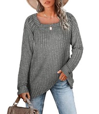 QUANTITY OF ADULT CLOTHES TO INCLUDE AOKOSOR WOMENS JUMPERS LONG SLEEVE TOPS LADIES SQUARE NECK TOPS LONG SLEEVE CASUAL SWEATSHIRT GREY SIZE 14-16: LOCATION - RACK B