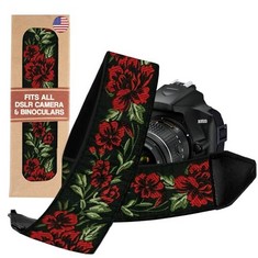 QUANTITY OF ASSORTED ITEMS TO INCLUDE ART TRIBUTE ROSE FLOWERS CAMERA STRAP FOR ALL DSLR CAMERA. COTTON ELEGANT UNIVERSAL NECK & SHOULDER STRAP, BEST STOCKING STUFFER FOR MEN & WOMEN PHOTOGRAPHERS RR