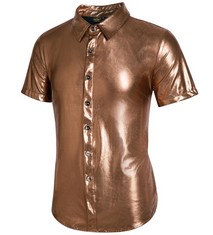 QUANTITY OF ADULT CLOTHES TO INCLUDE MAINFINI HALLOWEEN MENS FANCY POLO SHIRT SHINY SHIRT GLAMOUR 70S DISCO COSTUME BAD TASTE METALLIC TOP CHAMPAGNE L: LOCATION - RACK C