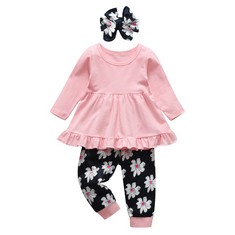 10 X TEARFUL TODDLER BABY GIRLS CLOTHES SOLID COLOUR LONG SLEEVE TOP FLORAL PANT 3PCS CLOTHES SET FOR BABY GIRLS  PINK,  - TOTAL RRP £125: LOCATION - RACK D