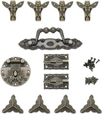 QUANTITY OF ASSORTED ITEMS TO INCLUDE JEWELRY BOX HARDWARE KIT ANTIQUE TINY LATCH VINTAGE HINGE RETRO HANDLE BOX CORNER PROTECTORS METAL FEET KIT FOR WOOD BOXES DIY PROJECT BRONZE TONE RRP £256: LOCA