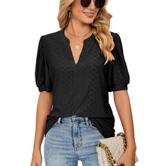 QUANTITY OF ADULT CLOTHES TO INCLUDE BRGUR SUMMER CASUAL V-NECK SOLID COLOR HOLLOW OUT BUBBLE SLEEVE LOOSE T-SHIRT WOMEN'S TOP BLACK SIZE XL: LOCATION - RACK F