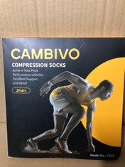 QUANTITY OF ASSORTED ITEMS TO INCLUDE CAMBIVO COMPRESSION SOCKS FOR WOMEN & MEN 2 PAIRS, FLIGHT SOCKS COMPRESSION STOCKINGS RUNNING SOCKS FOR CALF & ANKLE SUPPORT, SPORTS, FLYING, MATERNITY PREGNANCY