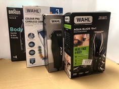 QUANTITY OF ITEMS TO INCLUDE WAHL AQUA BLADE 10 IN 1 MULTIGROOMER, EYEBROW ATTACHMENT, BEARD TRIMMERS, BODY TRIMMERS, MEN’S BEARD TRIMMER, STUBBLE TRIMMING, BODY SHAVING, FACE GROOMING, FULLY WASHABL