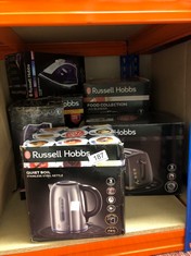 QUANTITY OF ITEMS TO INCLUDE RUSSELL HOBBS BRUSHED STAINLESS STEEL ELECTRIC 1.7L CORDLESS KETTLE (QUIET & FAST BOIL 3KW, REMOVABLE WASHABLE ANTI-SCALE FILTER, PUSH BUTTON LID, PERFECT POUR SPOUT) 204