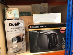 QUANTITY OF ITEMS TO INCLUDE RUSSELL HOBBS TEXTURES 2 SLICE TOASTER (EXTRA WIDE SLOTS, 6 BROWNING LEVELS, FROZEN, CANCEL & REHEAT FUNCTION WITH INDICATOR LIGHTS, REMOVABLE CRUMB TRAY, 850W, BLACK MAT