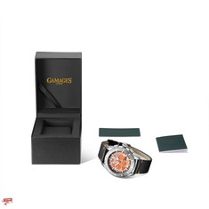 GAMAGES OF LONDON LIMITED EDITION HAND ASSEMBLED BOLD AUTOMATIC SILVER ORANGE WATCH - SKU: GA1951 RRP £805: LOCATION - A RACK