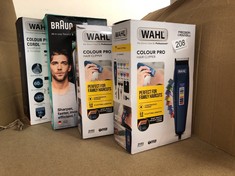 QUANTITY OF ITEMS TO INCLUDE WAHL COLOUR PRO CORDED CLIPPER, HEAD SHAVER, MEN'S HAIR CLIPPERS, COLOUR CODED GUIDES, FAMILY AT HOME HAIRCUTTING: LOCATION - SIDE RACK