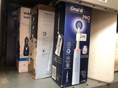 QUANTITY OF ITEMS TO INCLUDE ORAL-B PRO 3 ELECTRIC TOOTHBRUSH FOR ADULTS, 1 CROSS ACTION TOOTHBRUSH HEAD, 3 MODES WITH TEETH WHITENING, 2 PIN UK PLUG, 3000, BLUE: LOCATION - B RACK