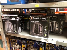 QUANTITY OF ITEMS TO INCLUDE RUSSELL HOBBS HONEYCOMB ELECTRIC 1.7L CORDLESS KETTLE (FAST BOIL 3KW, BLACK PREMIUM PLASTIC, MATT & HIGH GLOSS FINISH, REMOVABLE WASHABLE ANTI-SCALE FILTER, PUSH BUTTON L