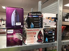 QUANTITY OF ITEMS TO INCLUDE RUSSELL HOBBS MY IRON STEAM IRON, CERAMIC SOLEPLATE, 260ML WATER TANK, 120G STEAM SHOT, 28G CONTINUOUS STEAM, SELF-CLEAN FUNCTION, 2M CORD, VERTICAL AND VARIABLE STEAM, 1