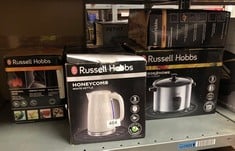 QUANTITY OF ITEMS TO INCLUDE RUSSELL HOBBS HONEYCOMB ELECTRIC 1.7L CORDLESS KETTLE (FAST BOIL 3KW, WHITE PREMIUM PLASTIC, MATT & HIGH GLOSS FINISH, REMOVABLE WASHABLE ANTI-SCALE FILTER, PUSH BUTTON L