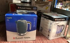 QUANTITY OF ITEMS TO INCLUDE RUSSELL HOBBS INSPIRE ELECTRIC 1.7L CORDLESS KETTLE (FAST BOIL 3KW, GREY PREMIUM TEXTURED PLASTIC, HIGH GLOSS FINISH, REMOVABLE WASHABLE ANTI-SCALE FILTER, PULL OFF LID,